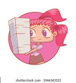 Vector round pink frame with cartoon image of a funny woman-office worker with pink hair walking with a large pile of papers in her hands on a white background. Business, businesswoman, finance.