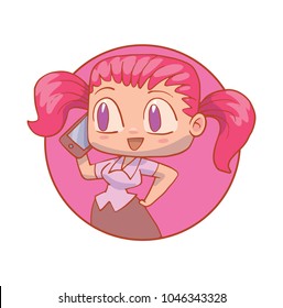 Vector round pink frame with cartoon image of a funny woman-office worker with pink hair standing with a black smartphone in her hand on a white background. Business, businesswoman, finance.