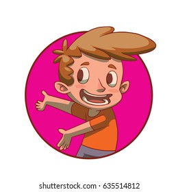 Vector round pink frame with cartoon image of a funny man with curly brown hair in gray pants and an orange t-shirt presenting something on a white background. Business, businessman, sale, shop.