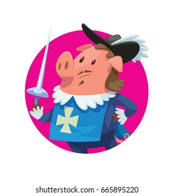 Vector round pink frame with cartoon image of a funny pink male pig-musketeer in a blue musketeer's uniform and black hat, with a sword in hoof on a white background. Animal, farm, positive character