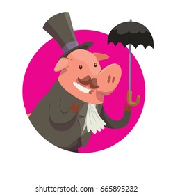 Vector round pink frame with cartoon image of a funny pink male pig-gentleman with mustache in black suit, top hat with a black umbrella in hoof on a white background. Animal, farm, positive character