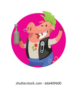 Vector Round Pink Frame With Cartoon Image Of A Funny Pink Male Pig-punk With Green Mohawk In Blue Jeans And Black Vest With A Beer Bottle In Hoof On White Background. Animal, Farm, Positive Character