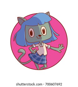 Vector round pink frame with cartoon image of a funny light gray female cat with blue hair in white shirt and blue skirt standing and smiling on a white background. Animal, forest, positive character.