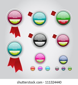 Vector round plastic badges collection set with red ribbon labels and buttons