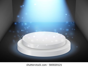 Vector round podium with glowing beam background.
