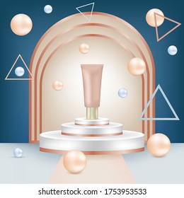 Vector round podium, pedestal or platform, background for cosmetic product presentation. 3d podium. Advertising place. Blank product stand background