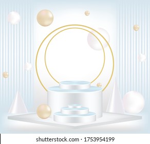 Vector round podium, pedestal or platform, background for cosmetic product presentation. 3d podium. Advertising place. Blank product stand background in white colors