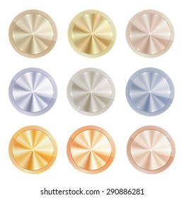 Vector round polished knob centric circles with different types of metal, gold, red gold, platinum, silver, bronze, copper, aluminum, brass, which can be used as a coin, price tags, labels,