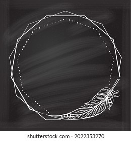 Marco punteado poligonal de vectores redondo con decoración de plumas sobre un fondo de pizarra
