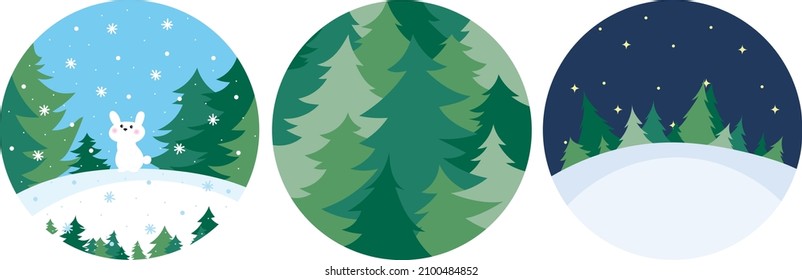 Vector round post card illustration. Winter balls. Winter night in the forest. Snowfall in the forest. Winter fir. Winter fir-grove.