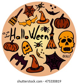 Vector round Postcard on Halloween. Images hats, pumpkins, spider webs, broom, etc .. October Festival. There is a place for your text. It can be used for packaging, invitations, greeting cards, etc.