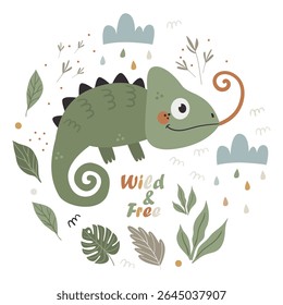 Vector round poster with cute chameleon inside, leaves and branches. Well suited for use in children's room design, books, kindergarten