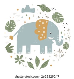 Vector round poster with cute elephant inside, leaves and branches