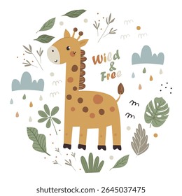 Vetor pôster redondo com girafa bonito dentro, folhas e ramos. Bem adequado para uso em design de quarto infantil, livros, jardim de infância