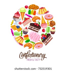 Vector round poster template with confectionery and sweets icons. Dessert, lollipop, ice cream with candies, macaron and pudding. Donut and cotton candy, muffin, waffles, biscuits and jelly