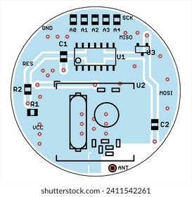 Tarjeta de circuito impreso redondo de vectores de electrónica 
dispositivo con componentes de elementos de radio, 
conductores, almohadillas de contacto colocadas sobre él. 
Dibujo técnico de ingeniería. Patrón de Pcb. 
Fondo eléctrico. 