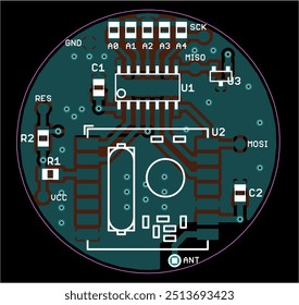 Vector round printed circuit board of electronic 
device with components of radio elements, 
conductors, contact pads placed on pcb. Engineering technical drawing. Pcb pattern. 
Electric background. 