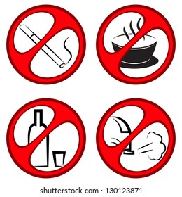 Vector round prohibiting signs. The ban on alcohol, smoking, exhaust gases and drinks