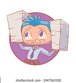 Vector round purple frame with cartoon image of a funny man-office worker with blue hair standing with two piles of papers in his hands on a white background. Business, businessman, finance.