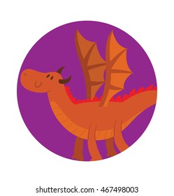 Vector round purple frame with cartoon image of a funny brown dragon with horns, with orange belly, big wings, flying and smiling in the center on a white background. Vector illustration of a dragon.