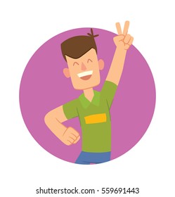 Vector round purple frame with cartoon image of a happy young man with dark brown hair in blue pants and a green T-shirt, standing and smiling in the center on a white background. Happy people. 