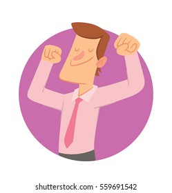 Vector round purple frame with cartoon image of a happy man with brown hair in gray trousers, a light pink shirt and a pink tie, standing and smiling in the center on a white background. Happy people.