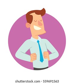 Vector round purple frame with cartoon image of a happy young man with brown hair in black trousers, light blue shirt and blue tie, standing and smiling in the center on white background. Happy people