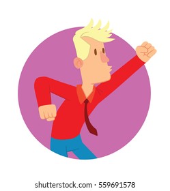 Vector round purple frame with cartoon image of a happy young man with blond hair in blue pants, a red shirt and dark red tie, standing and rejoicing in the center on a white background. Happy people.