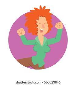 Vector round purple frame with cartoon image of a happy young woman with curly ginger hair in brown pants and a green blouse, jumping and smiling in the center on a white background. Happy people.