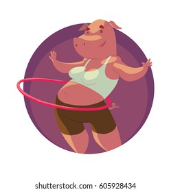 Vector round purple frame with cartoon image of animals in the gym: a funny pink pig in brown shorts and white tank-top twisting pink hula hoop on a white background. Sports, healthy lifestyle.
