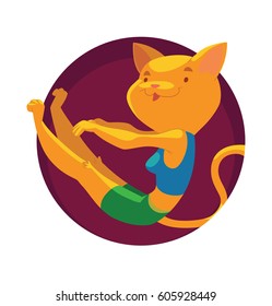 Vector round purple frame with cartoon image of animals in the gym: a funny ginger cat in green shorts, blue tank-top doing Abs exercises on white background. Sports, healthy lifestyle, doing workout.