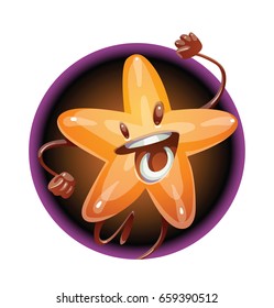 Vector round purple frame with cartoon image of a funny shiny golden star happily dancing and smiling in the center on a white background. Award, positive character, mascot. Vector illustration.
