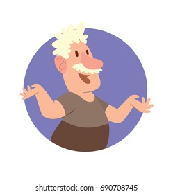 Vector round purple frame with cartoon image of a funny old man with curly gray hair and mustache  in black pants and dark gray t-shirt standing and smiling on a white background. Retired, elderly.