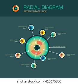 Diagrama radial circular de vectores con una plantilla de diseño de infografía de punteros de haz. Concepto planetario con 8 opciones. Ilustración de visualización de datos adecuada para el diseño web.