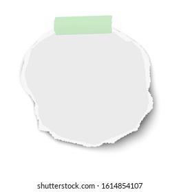 Vector round ragged paper scrap with soft shadow on sticky adhesive tape placed on white background