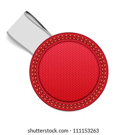 Vector round red denim fabric badge with a white ribbon tag