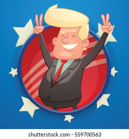 Vector Round Red Frame With Cartoon Image Of A Funny Politician With Blond Hair In A Black Suit, Standing And Showing Signs Of Victory And Smiling On A Blue Background With White Stars. Politics.