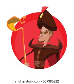 Vector round red frame with cartoon image of a funny thin evil king with brown hair in a red cloak with a brown turban on head and with gold staff, in the form of snake, in hand on a white background