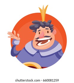 Vector round red frame with cartoon image of a funny fat king with a curly black hair and mustache in a purple royal robe and big red belt with a golden crown on his head smiling on a white background