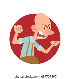 Vector round red frame with cartoon image of a funny angry bald old man in brown pants and light blue shirt standing and screaming at someone on a white background. Retired, elderly.