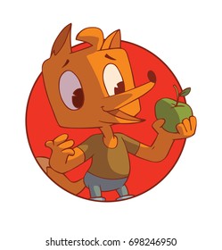 Vector round red frame with cartoon image of a funny orange male fox in blue shorts and a brown T-shirt standing with a green apple in his paw on a red background. Animal, forest, positive character
