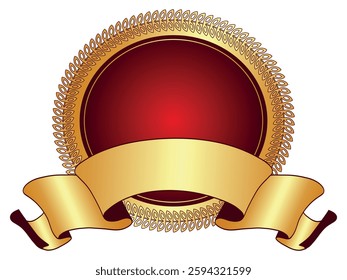Vector round red and golden gradient frame with golden ribbon on transparent background	
