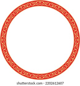 Vector round red Kazakh national frame. Ornamental circle. Ethnic pattern of nomadic peoples of the Great Steppe, Kyrgyz, Mongols, Bashkirs, Buryats, Kalmyks