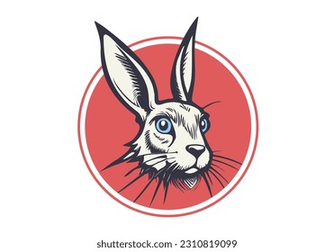 Vector round red sticker. The head of a serious eared cartoon rabbit with blue eyes. White isolated background.