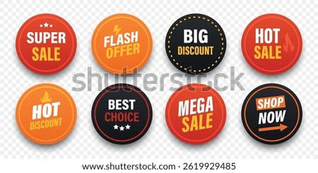 Vector Round Sale Sticker Set with Text For Super Sale, Flash Offer, Hot Discount, Big Deal, Shop Now. Promo Badges for E-Commerce Labels, Marketing Tags and Discount Buttons
