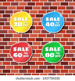 Vector round sale tags. Discount sticker for Black Friday sales and other. Discount offer price label - 20% 40% 60% 80% off. Icon sale set on brick wall.