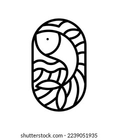 Icono del logotipo de la línea de olas y de los peces transzonales o fluviales. Silhouette de línea abstracta sencilla y moderna para el diseño culinario de mariscos o monolina de tienda de sushi.