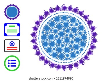 Vector round seal stamp mosaic is made from random recursive round seal stamp items. Fractal collage from round seal stamp. Some other icons are present in this vector.