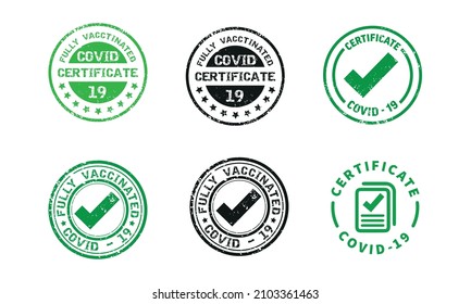 vector round seals and staples of cofid certificates in black and green with the words "fully vaccinated against covid-19"