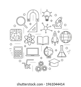 Vector round set of educational linear icons. STEM education: science, technology, engineering, mathematics. Icons for website design, application, logo, user interface.